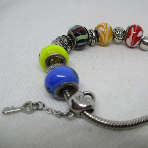 PANDORA STYLE LAMPWARK Glass Charm Beads Silver Tone Metal Heart And Key Charm - Picture 4 of 11